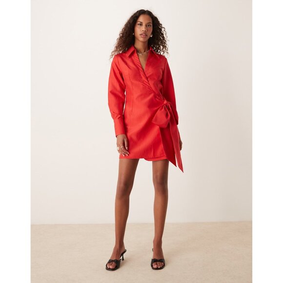 Ghospell Taffeta Wrap-Style Mini Dress With Tie Waist & Long Sleeves M+ - Picture 3 of 12